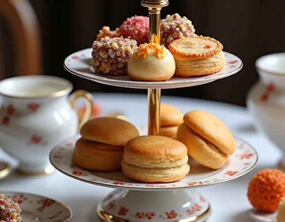 An elegant three-tiered stand with assorted pastries for afternoon tea.