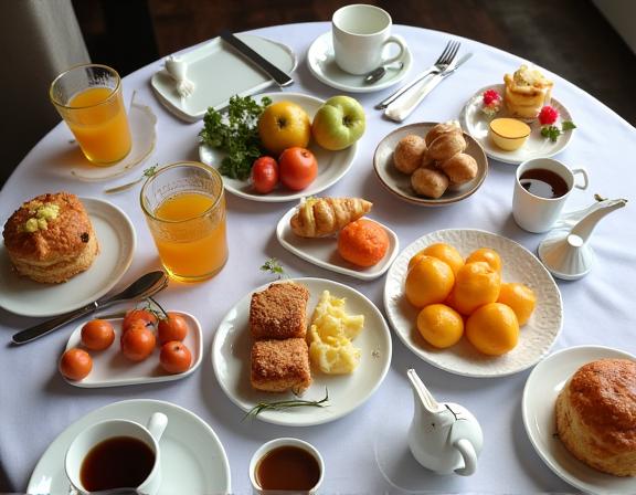 A beautifully laid out breakfast table with pastries, fruit, and coffee.