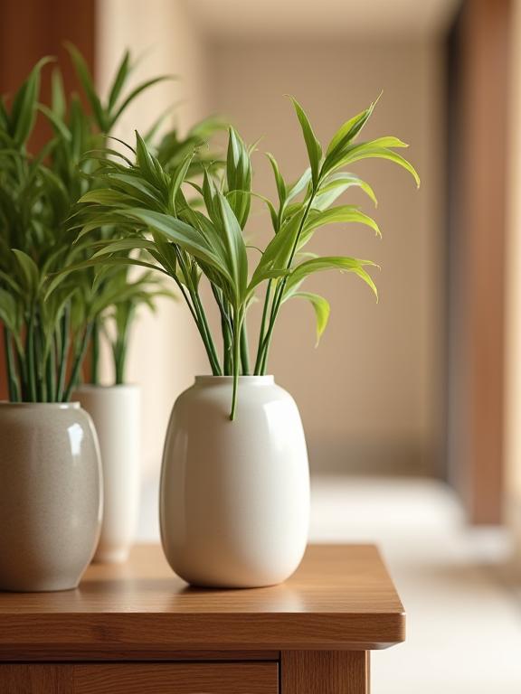 Close-up of a handcrafted wooden table with a vase of fresh lemongrass stalks in the hotel lobby.